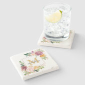 Monogram Elegant Waterverf Roos Floral Botanical Stenen Onderzetter (Zijkant)