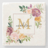 Monogram Elegant Waterverf Roos Floral Botanical Stenen Onderzetter (Voorkant)