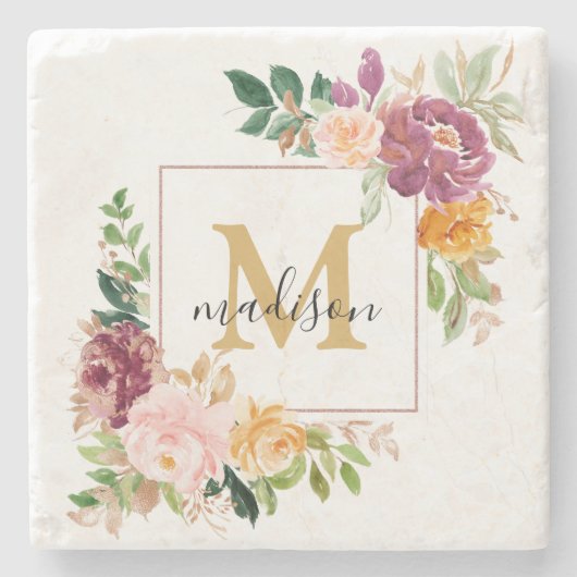 Monogram Elegant Waterverf Roos Floral Botanical Stenen Onderzetter (Voorkant)