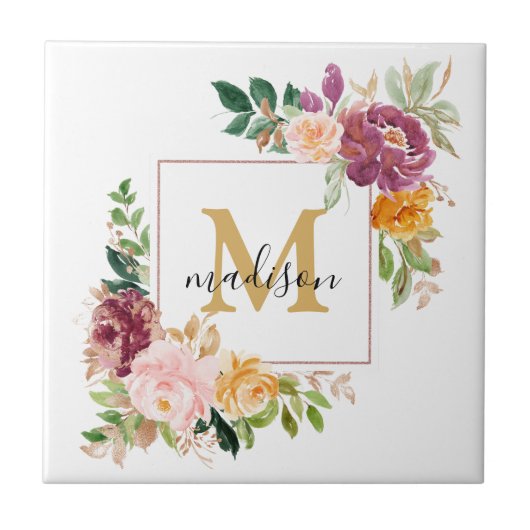 Monogram Elegant Waterverf Roos Floral Botanical Tegeltje (Voorkant)