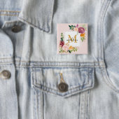 Monogram Elegant Waterverf Roos Floral Botanical Vierkante Button 5,1 Cm (In situ)