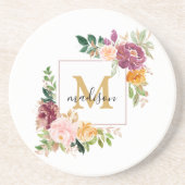 Monogram Elegant Waterverf Roos Floral Botanical Zandsteen Onderzetter (Voorkant)