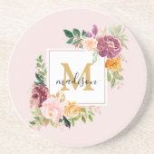 Monogram Elegant Waterverf Roos Floral Botanical Zandsteen Onderzetter (Voorkant)