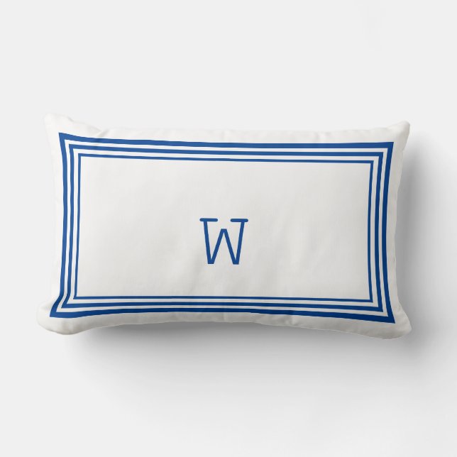 Monogram Elegant White en Blue Stripe Border Kussen (Voorkant)