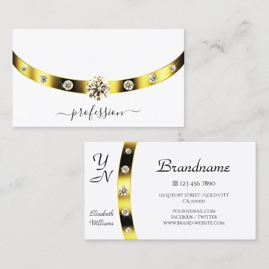 Monogram Elegant White en Gold Sparking Diamonds Visitekaartje (Voorkant / Achterkant)