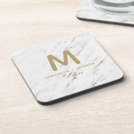 Monogram Elegant White Marble & Gold Foil Wedding  Bier Onderzetter