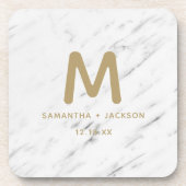 Monogram Elegant White Marble & Gold Foil Wedding Bier Onderzetter (Voorkant)