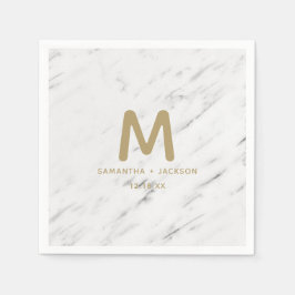 Monogram Elegant White Marble & Gold Foil Wedding  Servet