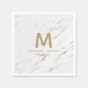 Monogram Elegant White Marble & Gold Foil Wedding  Servet