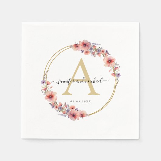 Monogram, elegant, wilde bloem, cirkel bruiloft servet (Voorkant)