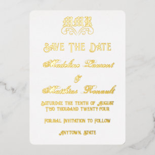Monogram Elegant Wit en Goud Save the Date Folie Uitnodiging