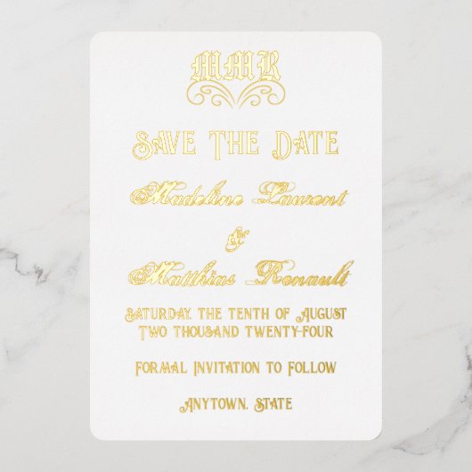 Monogram Elegant Wit en Goud Save the Date Folie Uitnodiging (Voorkant)