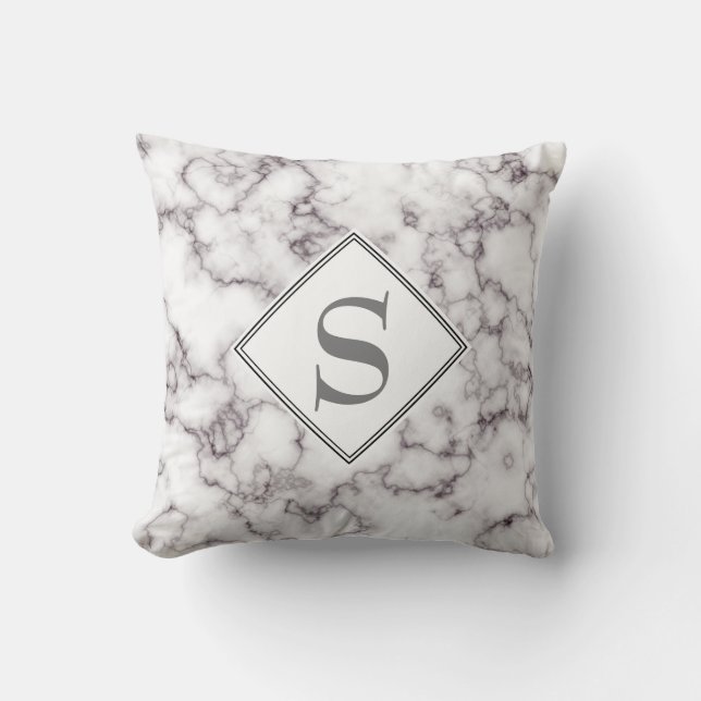 Monogram Elegant Wit Marmer en Grijs Kussen (Voorkant)