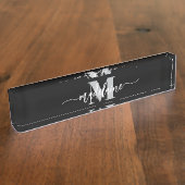 Monogram Elegant Wit Zwart Persoonlijk Naambordje (Zijkant)