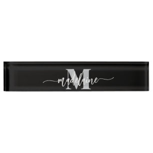 Monogram Elegant Wit Zwart Persoonlijk Naambordje