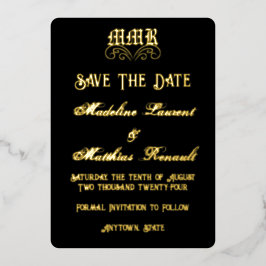 Monogram Elegant Zwart en Goud Save the Date Folie Uitnodiging