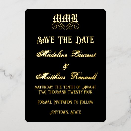 Monogram Elegant Zwart en Goud Save the Date Folie Uitnodiging (Voorkant)