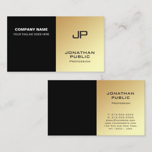 Monogram Elegant Zwart Goud Modern Ontwerp Visitekaartje (Voorkant / Achterkant)