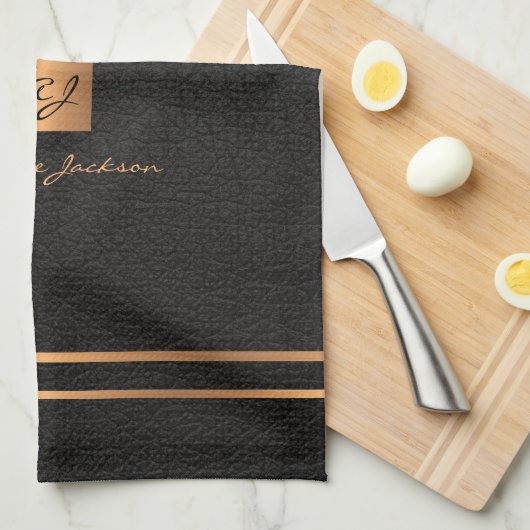 Monogram elegant zwart goud naam script chef theedoek (Quarter Fold)