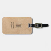 Monogram Elegante Beige Faux Lederen Textuur Bagagelabel (Voorkant horizontaal)