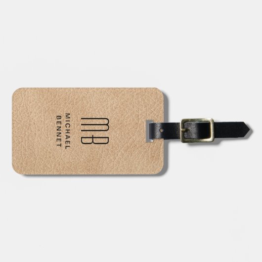Monogram Elegante Beige Faux Lederen Textuur Bagagelabel (Voorkant horizontaal)