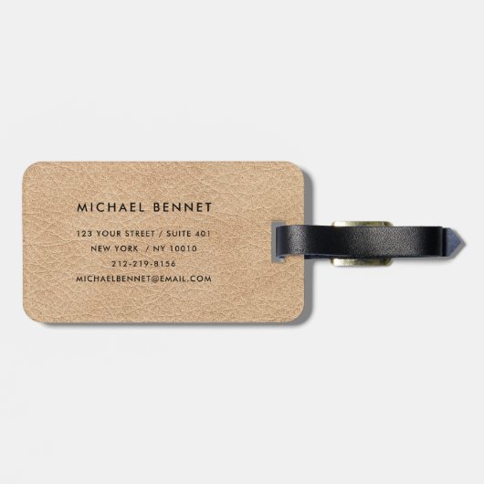 Monogram Elegante Beige Faux Lederen Textuur Bagagelabel (Achterkant horizontaal)