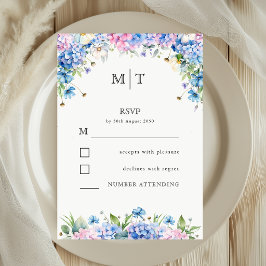 Monogram Elegante Blauwe Hortensia Huwelijksreacti RSVP Kaartje