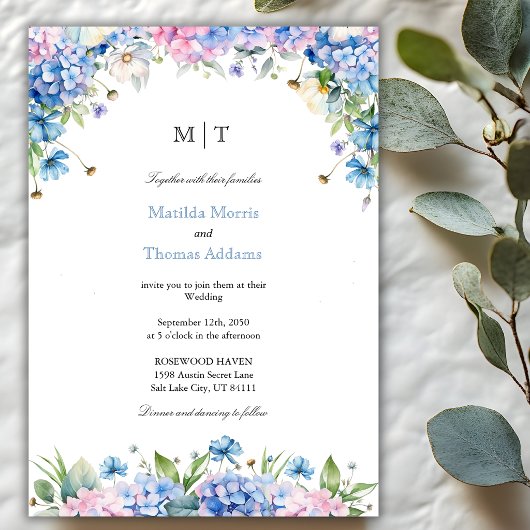 Monogram Elegante Blauwe Hortensia Rand Bruiloft Kaart