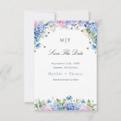 Monogram Elegante Blauwe Hortensia Rand Bruiloft Save The Date (Voorkant)