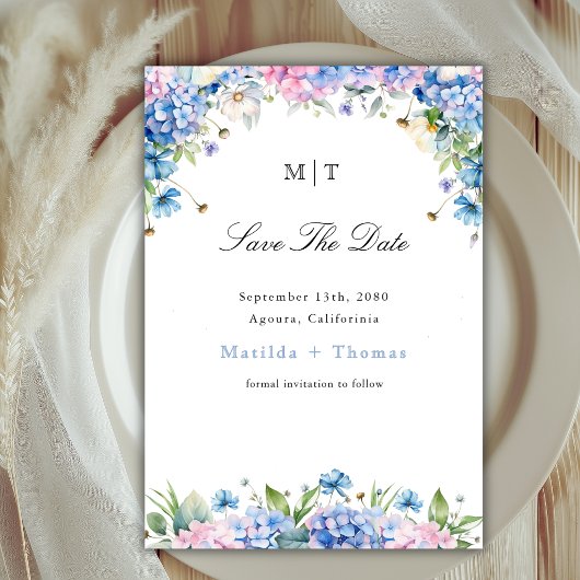 Monogram Elegante Blauwe Hortensia Rand Bruiloft Save The Date