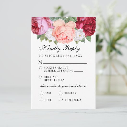 Monogram Elegante Bloemrijke Roze Bourgondiër Maal RSVP Kaartje (Staand voorkant)