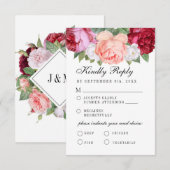 Monogram Elegante Bloemrijke Roze Bourgondiër Maal RSVP Kaartje (Voorkant / Achterkant)