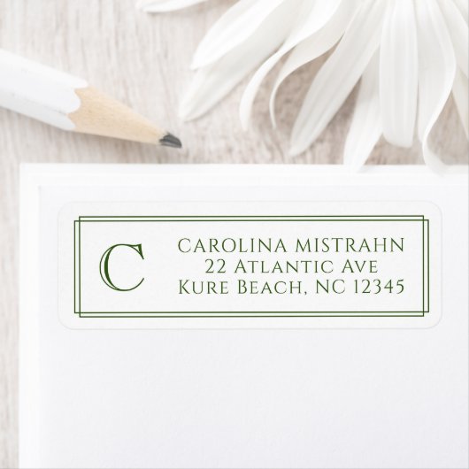 Monogram Elegante Donkergroene Rand Briefpapier Etiket (Insitu)