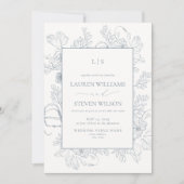 Monogram Elegante Dusty Blue Floral Line Wedding Kaart (Voorkant)
