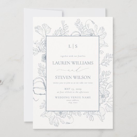 Monogram Elegante Dusty Blue Floral Line Wedding Kaart (Voorkant)