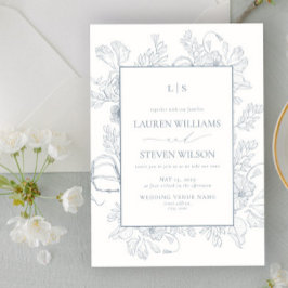 Monogram Elegante Dusty Blue Floral Line Wedding Kaart
