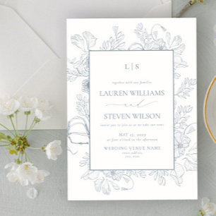 Monogram Elegante Dusty Blue Floral Line Wedding Kaart