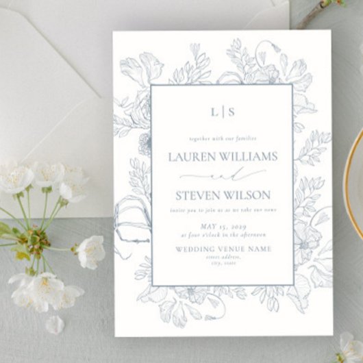 Monogram Elegante Dusty Blue Floral Line Wedding Kaart