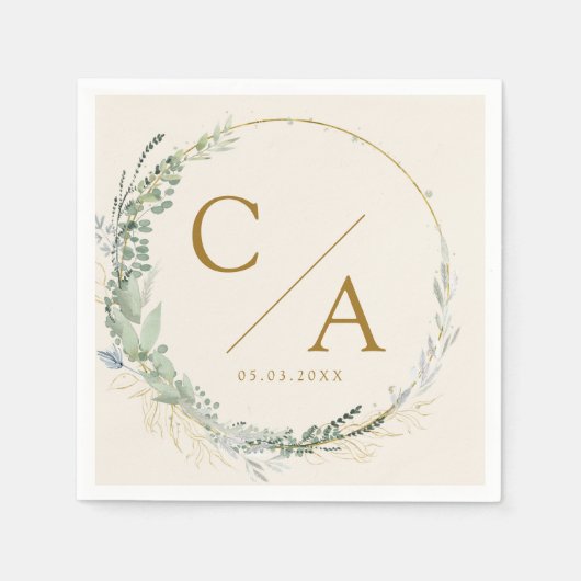 Monogram, elegante eucalyptus bruiloft servetten (Voorkant)