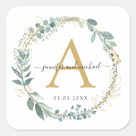Monogram, elegante eucalyptusbruiloft vierkante sticker (Voorkant)
