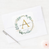 Monogram, elegante eucalyptusbruiloft vierkante sticker (Envelop)