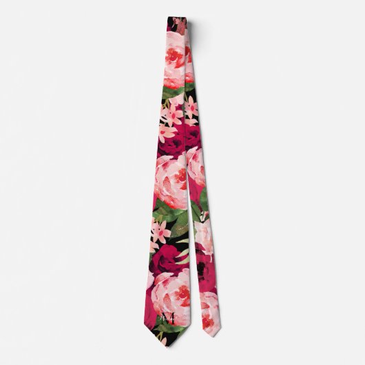 Monogram elegante floral Roze Zwart Stropdas (Voorkant)
