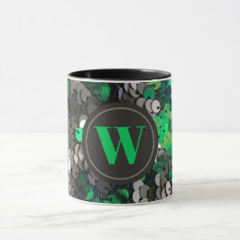 Monogram elegante glitter groen grijs zwart paille mok
