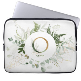 Monogram Elegante Greenery Krans Laptop Mouw Laptop Sleeve