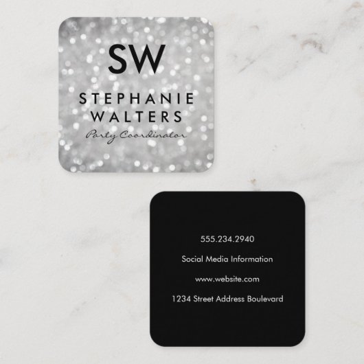 Monogram elegante grijze glitter vierkante visitekaartje (Voorkant / Achterkant)