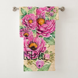 Monogram elegante hand getrokken bloemenrustiek bad handdoek