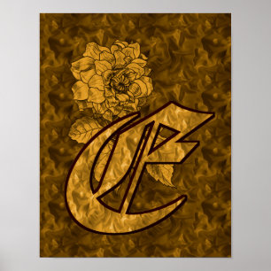 Monogram Elegante Initiaal E Gouden Pioen Bloem Poster