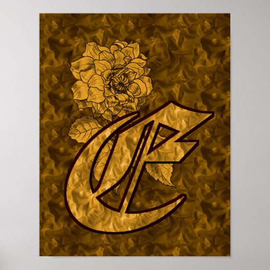 Monogram Elegante Initiaal E Gouden Pioen Bloem Poster (Voorkant)