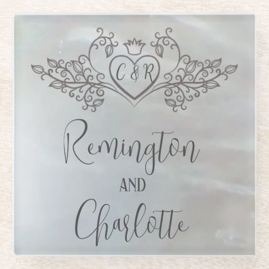 Monogram Elegante lila Moeder-van-Parel Bruiloft Glazen Onderzetter (Voorkant)