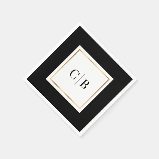 Monogram Elegante Minimaal Zwart Wit Goud Huwelijk Servet (Hoek)